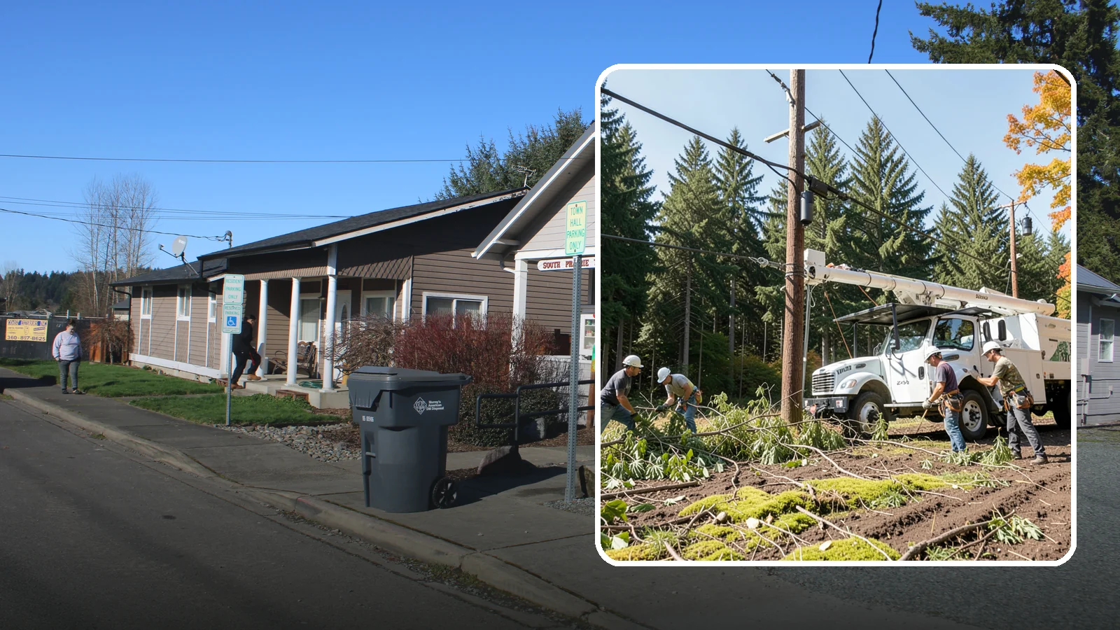 Utility line clearance pruning in South Prairie, Pierce County, WA - Pruning to maintain safe clearance between trees and utility lines.
