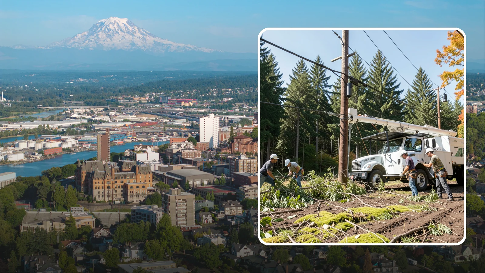 Utility line clearance pruning in Tacoma, Pierce County, WA - Pruning to maintain safe clearance between trees and utility lines.