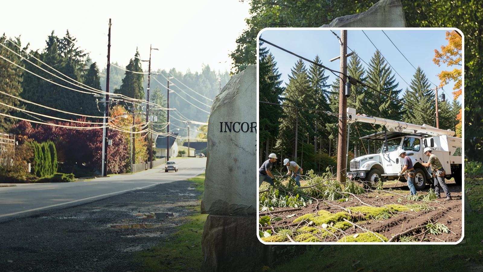 Utility line clearance pruning in Wilkeson, Pierce County, WA - Pruning to maintain safe clearance between trees and utility lines.