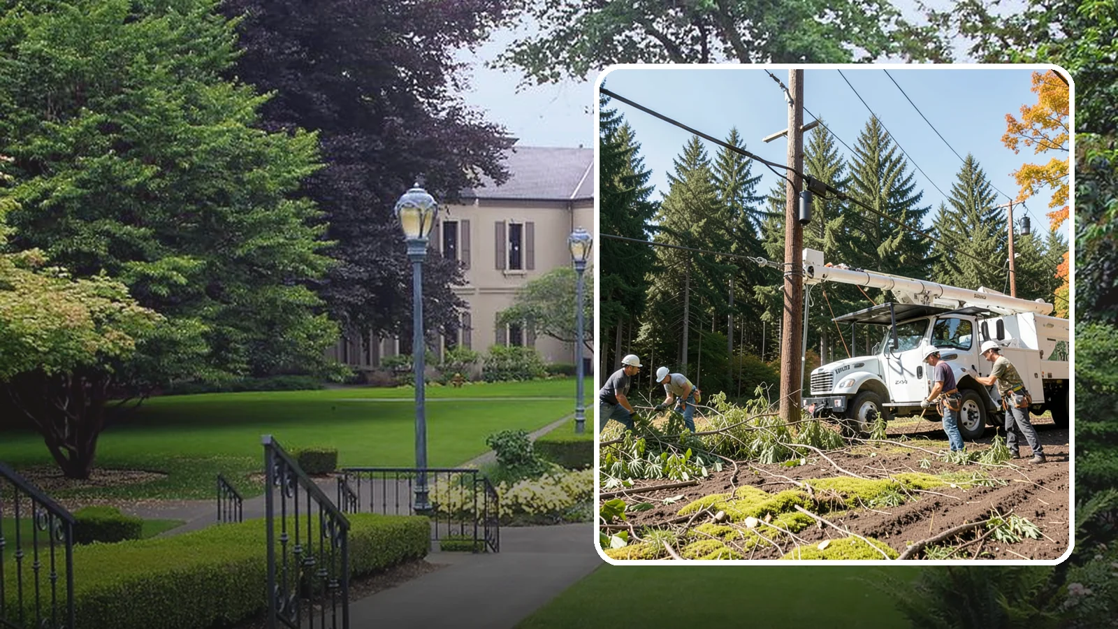Utility line clearance pruning in Woodinville, King County, WA - Pruning to maintain safe clearance between trees and utility lines.