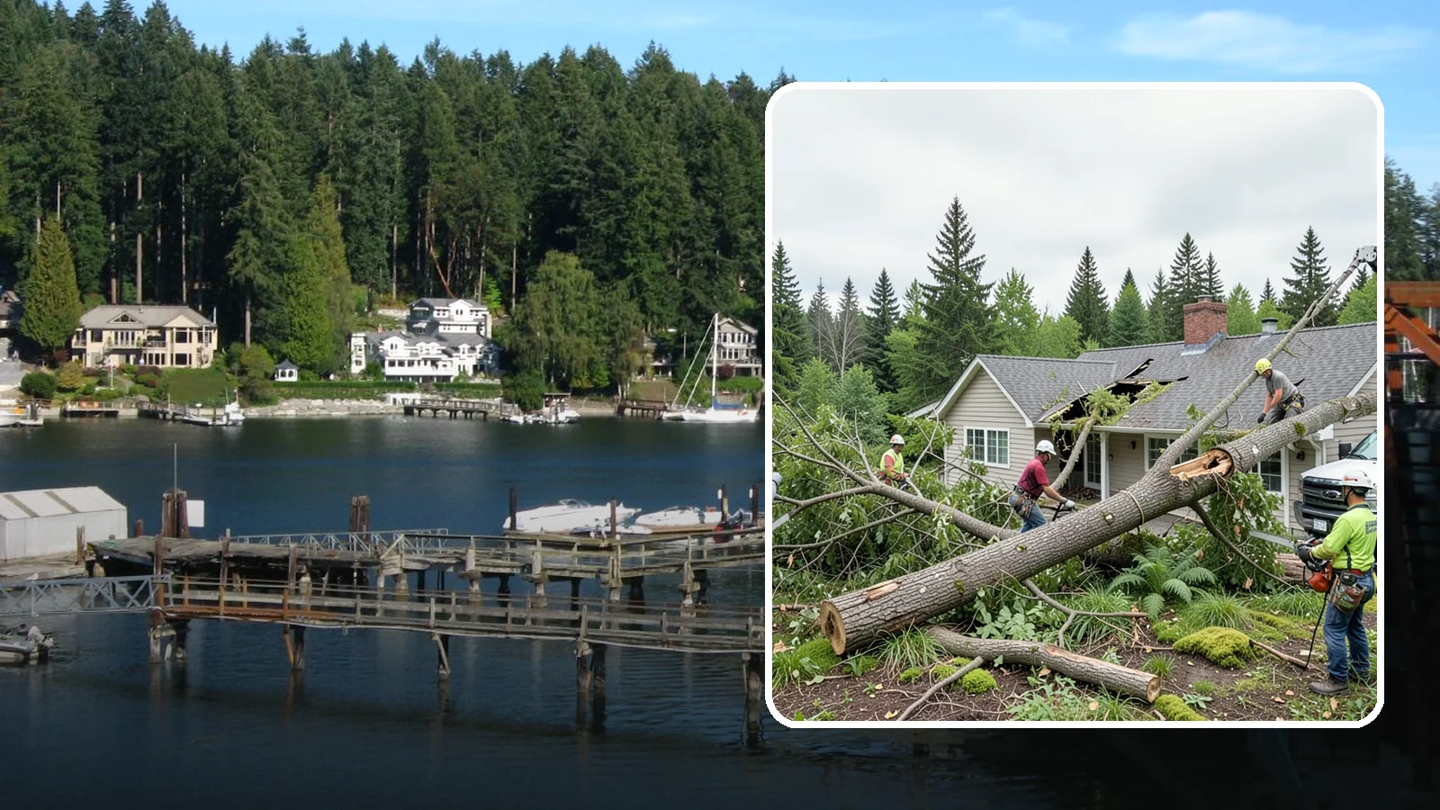 Wind damage cleanup in Gig Harbor, Pierce County, WA - Cleanup and make-safe work after wind damage.