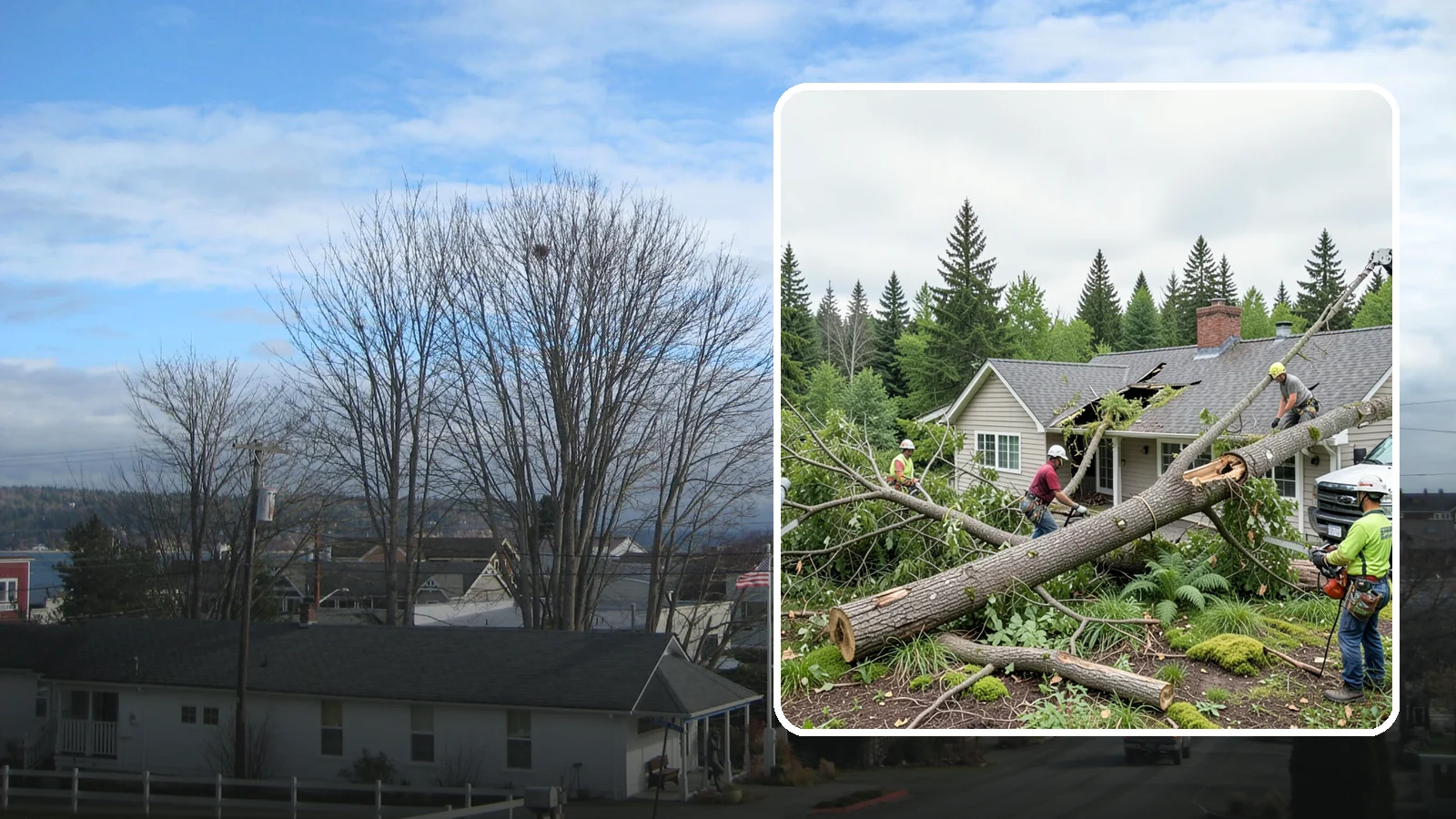 Wind damage cleanup in Langley, Island County, WA - Cleanup and make-safe work after wind damage.