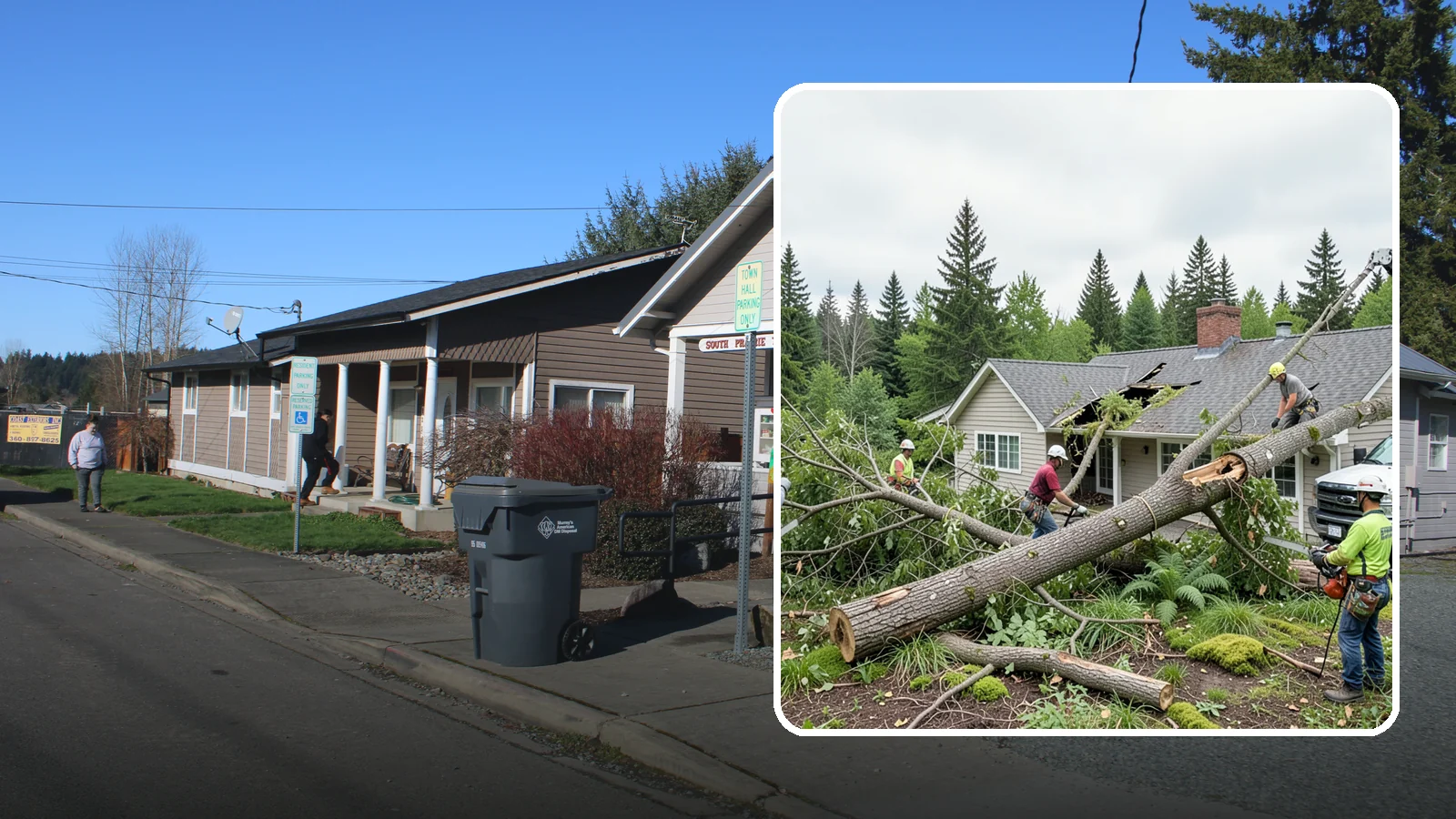 Wind damage cleanup in South Prairie, Pierce County, WA - Cleanup and make-safe work after wind damage.
