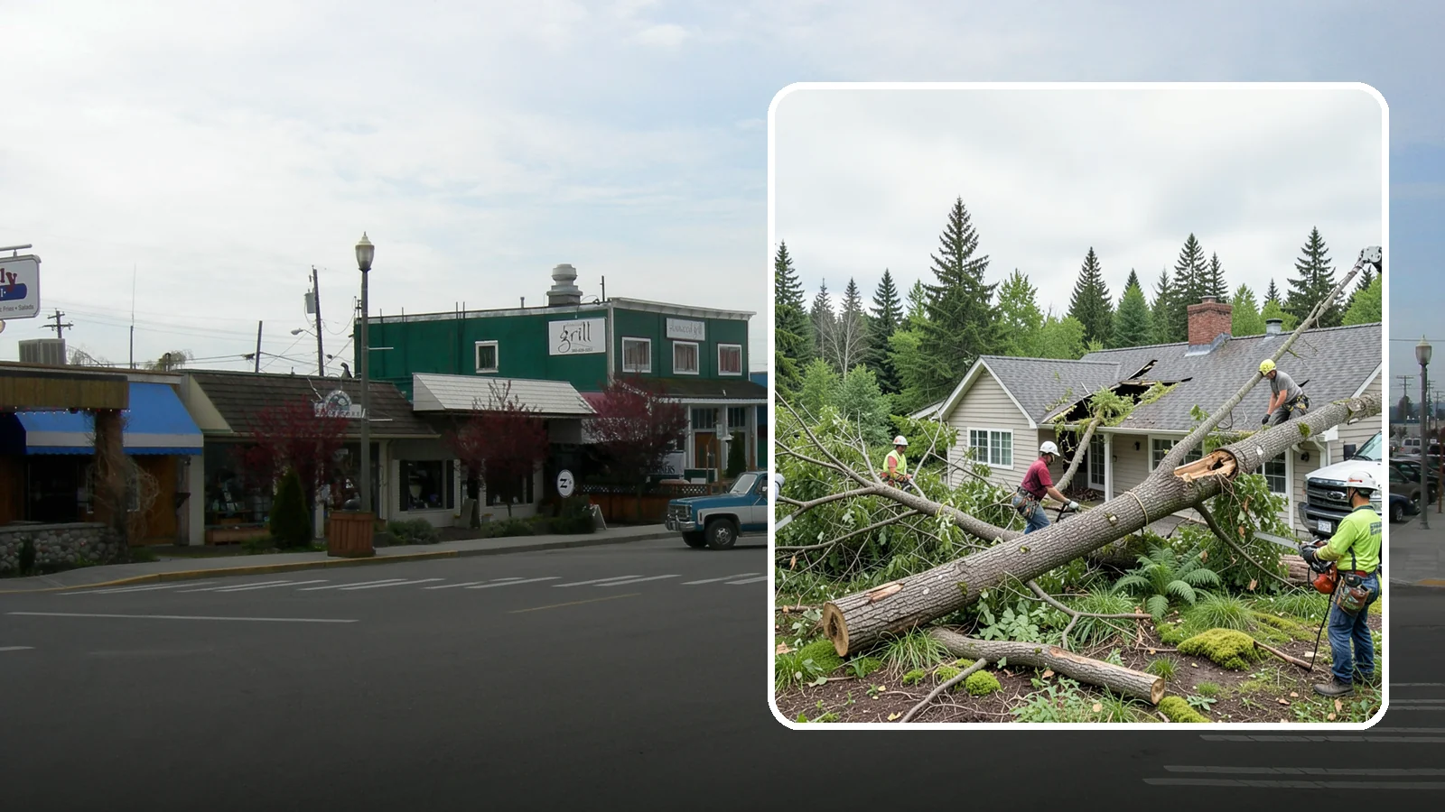 Wind damage cleanup in Stanwood, Snohomish County, WA - Cleanup and make-safe work after wind damage.