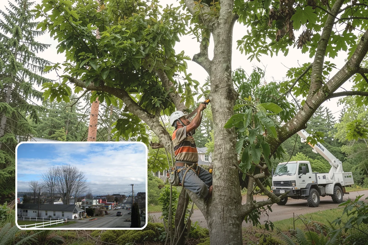 Wood chipping in Langley, Island County, WA - Turns removed wood and debris into usable products