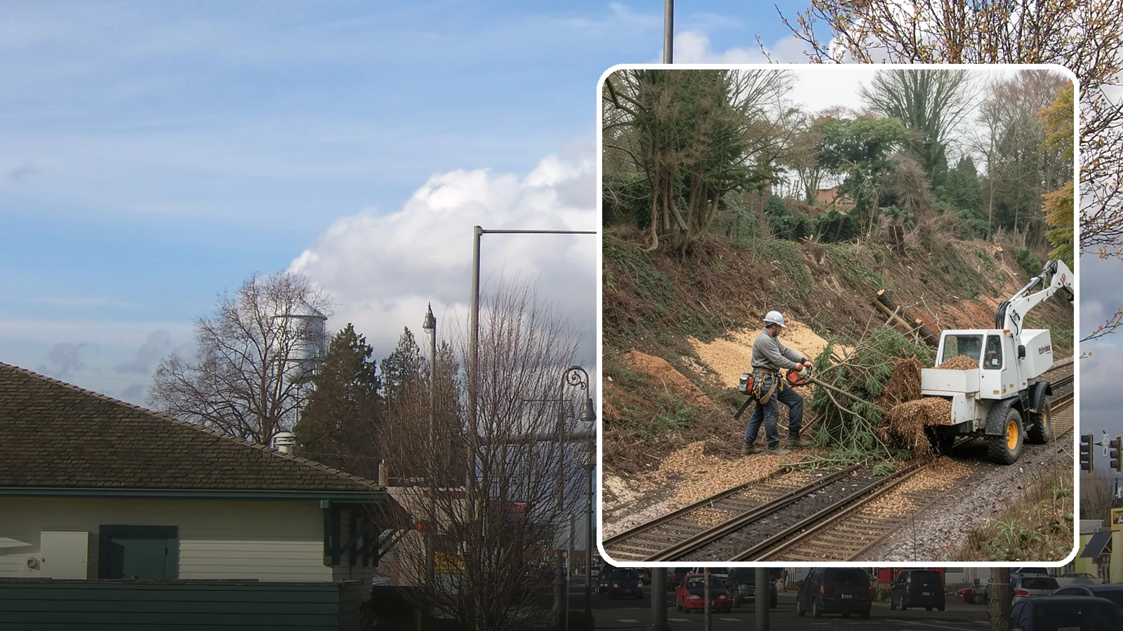 Wood chipping in Marysville, Snohomish County, WA - The on-site chipping of branches and limbs.