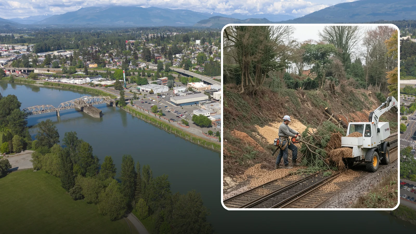 Wood chipping in Mount Vernon, Skagit County, WA - The on-site chipping of branches and limbs.