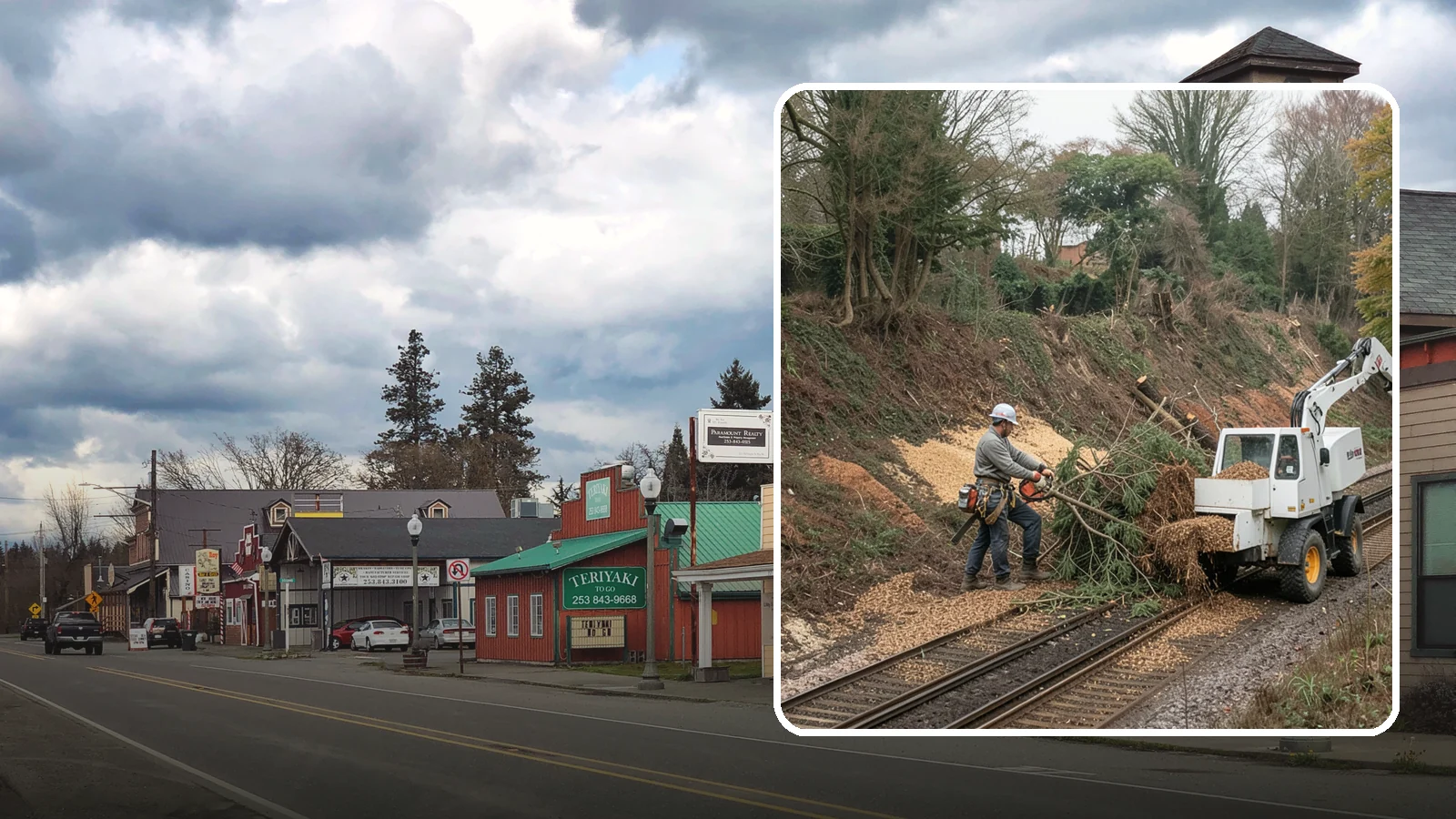 Wood chipping in Roy, Pierce County, WA - The on-site chipping of branches and limbs.