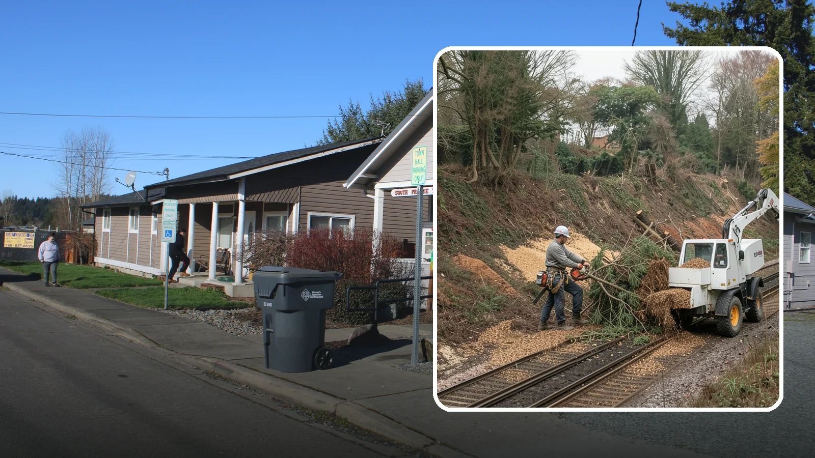 Wood chipping in South Prairie, Pierce County, WA - The on-site chipping of branches and limbs.