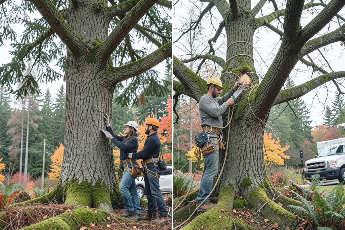 Young tree training in South Prairie, Pierce County, WA - Assess canopy condition and pruning objectives